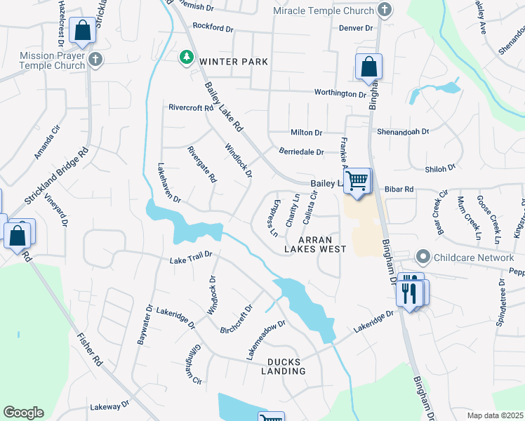 map of restaurants, bars, coffee shops, grocery stores, and more near 2116 Calista Circle in Fayetteville