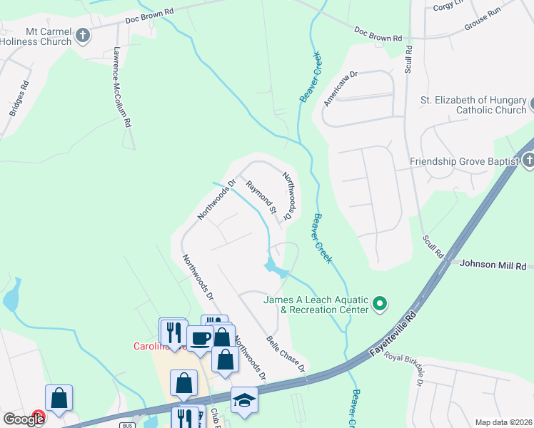 map of restaurants, bars, coffee shops, grocery stores, and more near 101 Dolores Court in Raeford