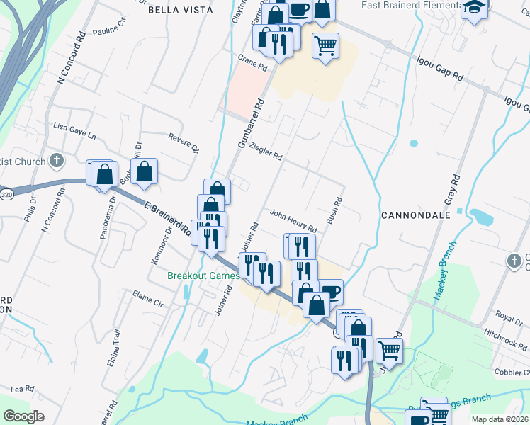 map of restaurants, bars, coffee shops, grocery stores, and more near 7505 Clyde Road in Chattanooga