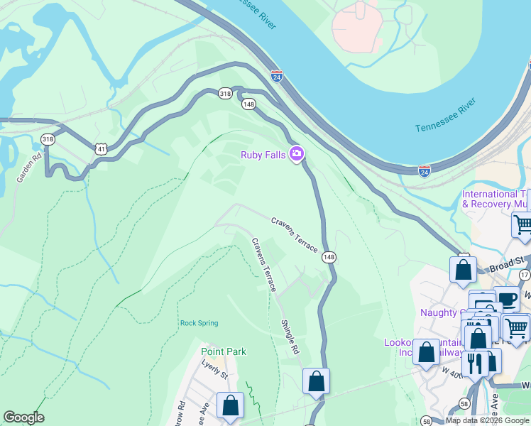map of restaurants, bars, coffee shops, grocery stores, and more near 928 Cravens Terrace in Chattanooga