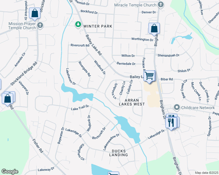 map of restaurants, bars, coffee shops, grocery stores, and more near 2116 Calista Circle in Fayetteville