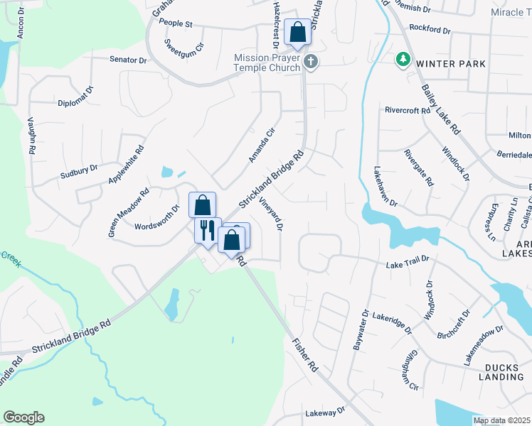 map of restaurants, bars, coffee shops, grocery stores, and more near 6581 Vineyard Drive in Fayetteville