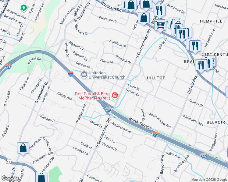 map of restaurants, bars, coffee shops, grocery stores, and more near 411 South Germantown Road in Chattanooga