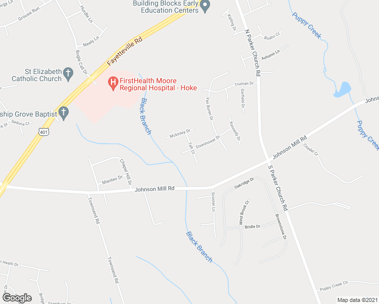 map of restaurants, bars, coffee shops, grocery stores, and more near 112 Taft Court in Raeford