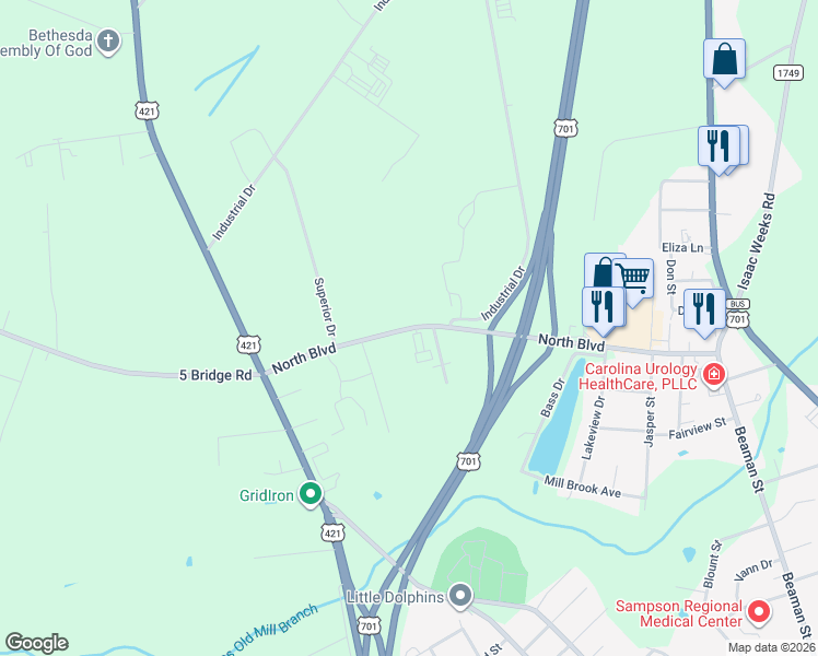 map of restaurants, bars, coffee shops, grocery stores, and more near State Road 1311 in Clinton