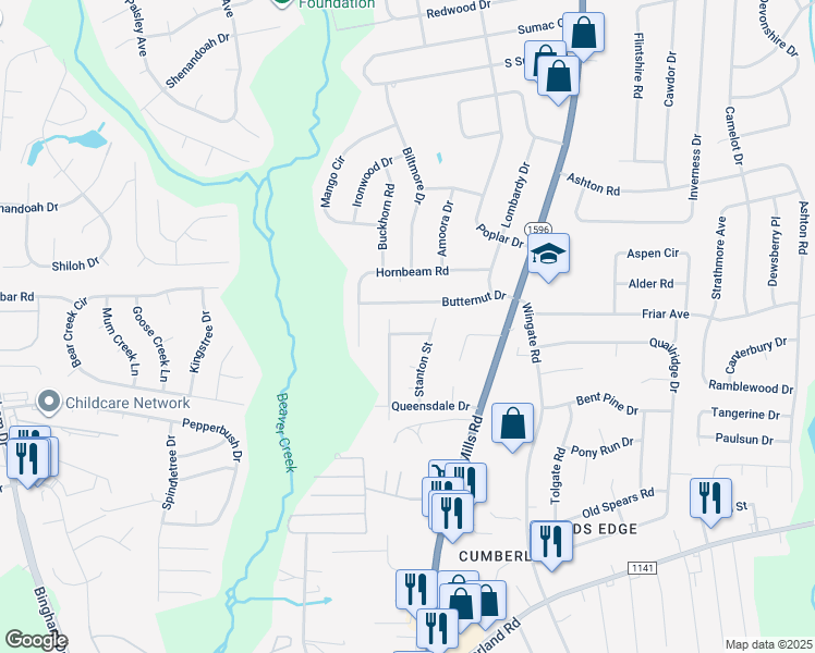 map of restaurants, bars, coffee shops, grocery stores, and more near 5142 Nance Street in Fayetteville
