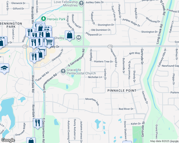 map of restaurants, bars, coffee shops, grocery stores, and more near 4829 Migaldi Drive in Memphis