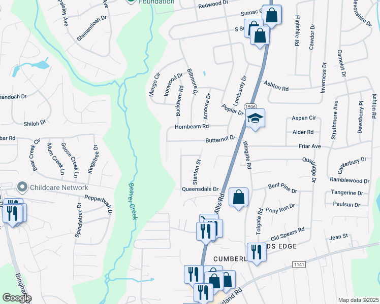 map of restaurants, bars, coffee shops, grocery stores, and more near 5142 Nance Street in Fayetteville