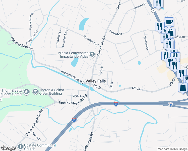 map of restaurants, bars, coffee shops, grocery stores, and more near in Valley Falls