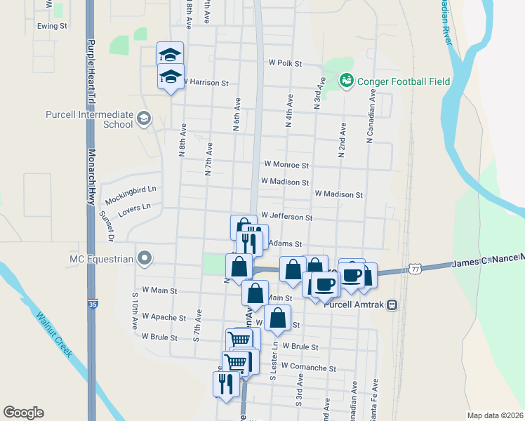 map of restaurants, bars, coffee shops, grocery stores, and more near 416 West Jefferson Street in Purcell