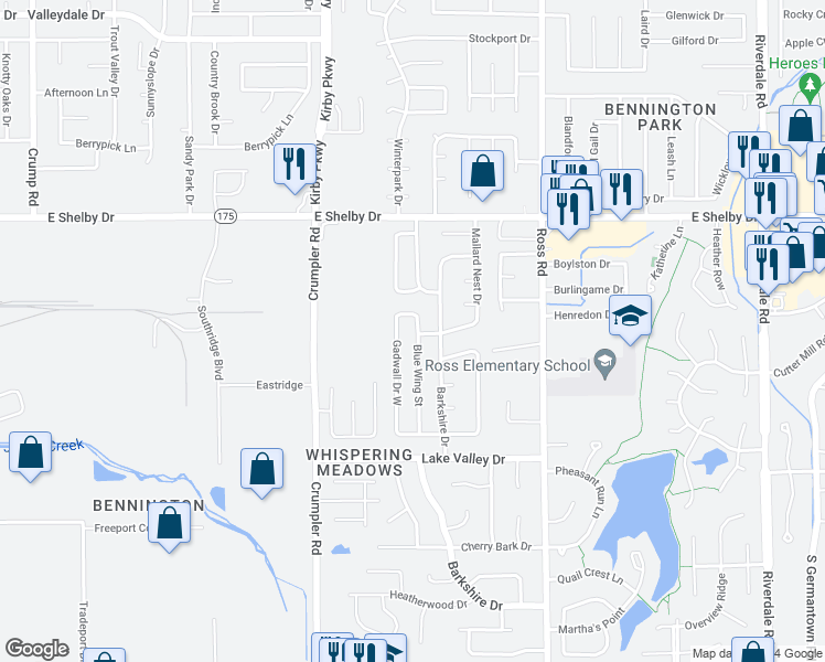 map of restaurants, bars, coffee shops, grocery stores, and more near 4821 Blue Wing Street in Memphis