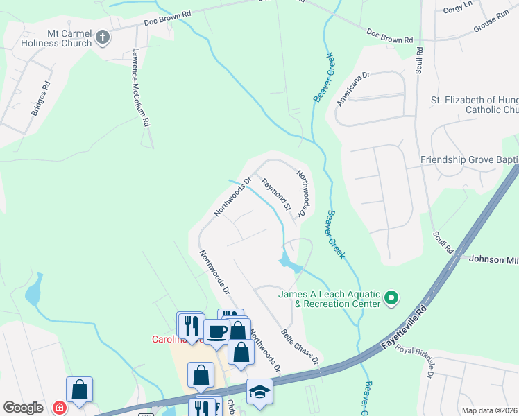 map of restaurants, bars, coffee shops, grocery stores, and more near 112 Horace Court in Raeford
