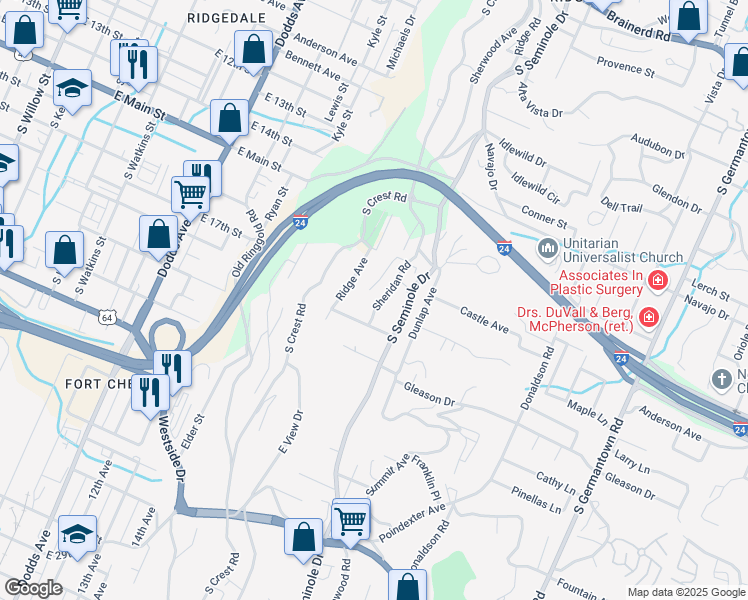 map of restaurants, bars, coffee shops, grocery stores, and more near 12 Laurel Lane in East Ridge