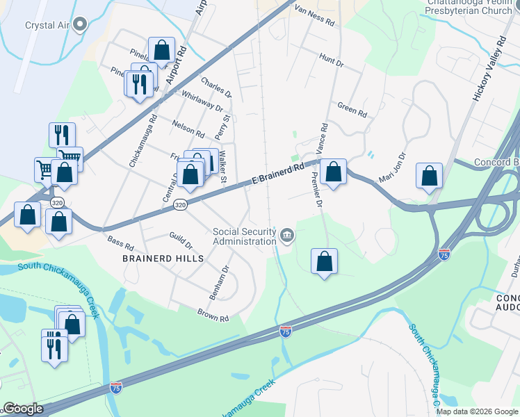map of restaurants, bars, coffee shops, grocery stores, and more near 106 Benham Drive in Chattanooga
