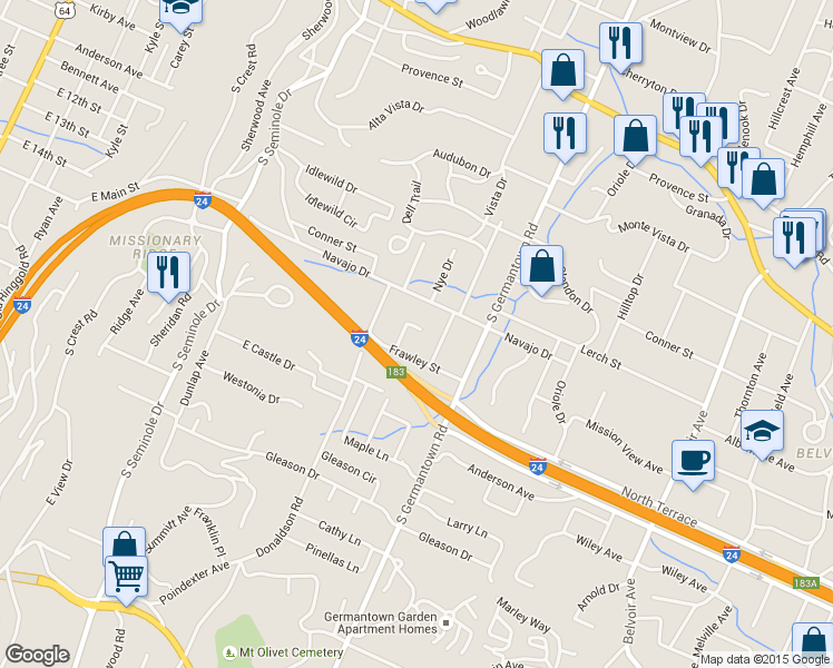 map of restaurants, bars, coffee shops, grocery stores, and more near 3310 Navajo Drive in Chattanooga
