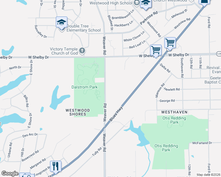 map of restaurants, bars, coffee shops, grocery stores, and more near 4787 Weaver Road in Memphis