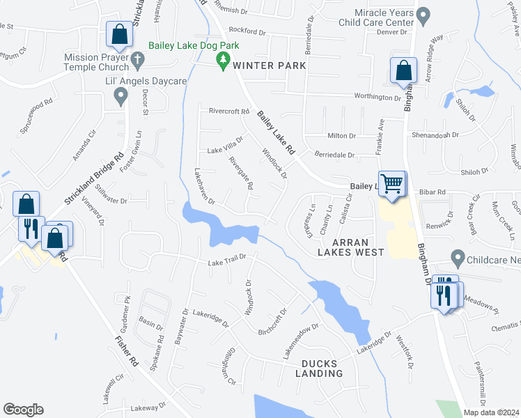 map of restaurants, bars, coffee shops, grocery stores, and more near 6204 Lakehaven Drive in Fayetteville
