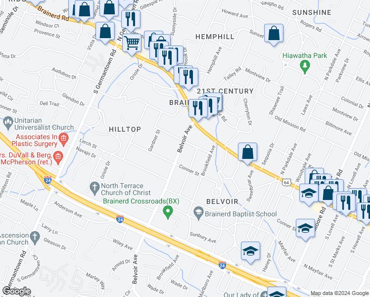 map of restaurants, bars, coffee shops, grocery stores, and more near 102 Belvoir Avenue in Chattanooga