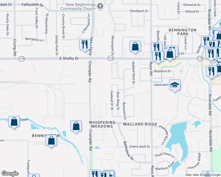 map of restaurants, bars, coffee shops, grocery stores, and more near 6532 Gadwall Drive North in Memphis