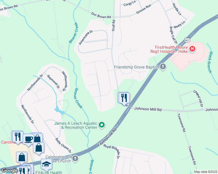 map of restaurants, bars, coffee shops, grocery stores, and more near 286 Chamberlin Boulevard in Raeford