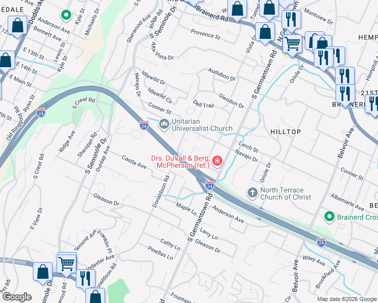 map of restaurants, bars, coffee shops, grocery stores, and more near 409 Alice Drive in Chattanooga