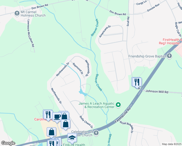 map of restaurants, bars, coffee shops, grocery stores, and more near 523 Northwoods Drive in Raeford