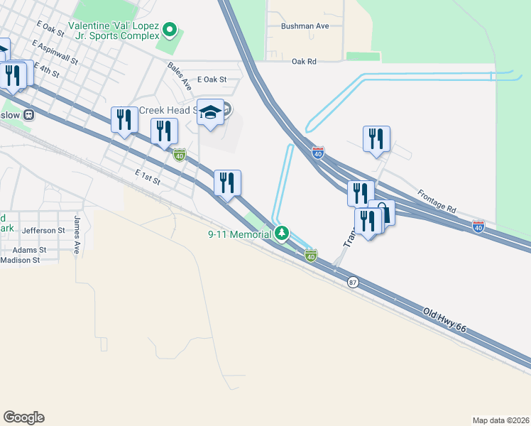 map of restaurants, bars, coffee shops, grocery stores, and more near 1530 East 3rd Street in Winslow