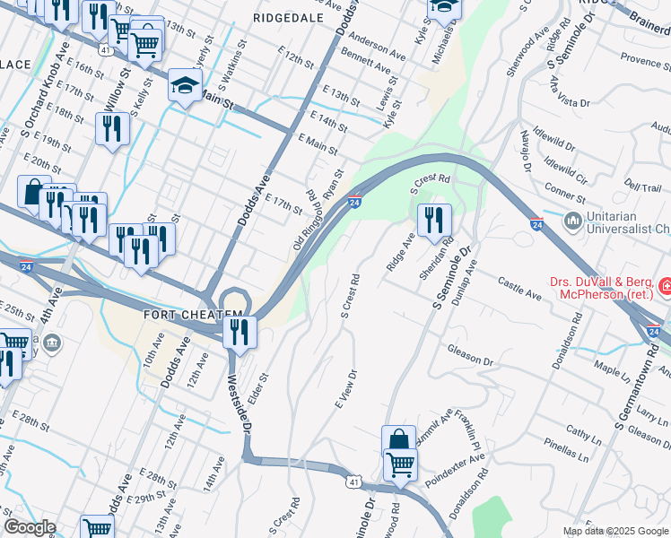 map of restaurants, bars, coffee shops, grocery stores, and more near 1795 Sunset Terrace in Chattanooga