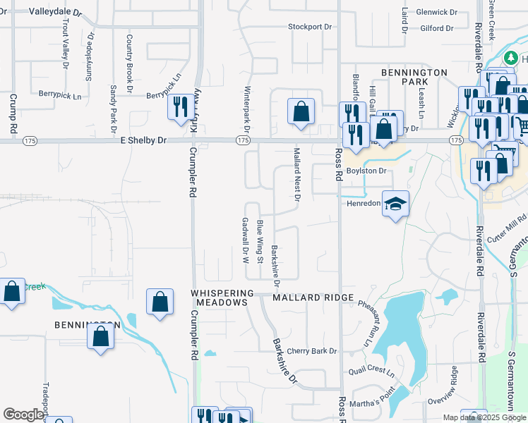 map of restaurants, bars, coffee shops, grocery stores, and more near 4847 Mallard Nest Drive in Memphis