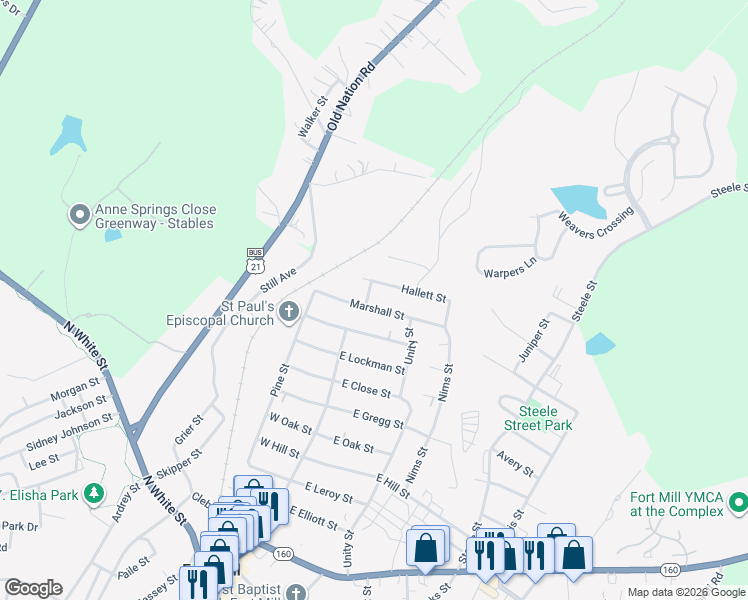 map of restaurants, bars, coffee shops, grocery stores, and more near 102 Hallett Street in Fort Mill