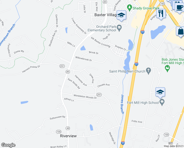 map of restaurants, bars, coffee shops, grocery stores, and more near 717 Drew Avenue in Fort Mill