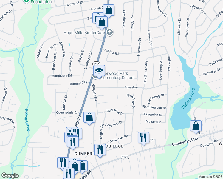 map of restaurants, bars, coffee shops, grocery stores, and more near 4765 Friar Avenue in Fayetteville