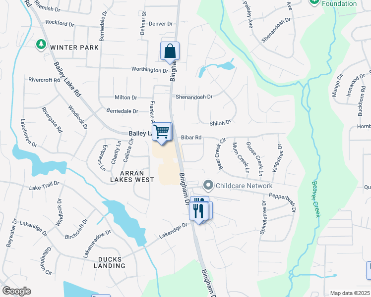 map of restaurants, bars, coffee shops, grocery stores, and more near 1830 Balmoral Drive in Fayetteville