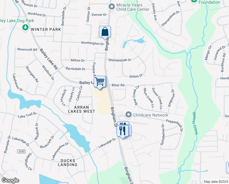 map of restaurants, bars, coffee shops, grocery stores, and more near 1841 Balmoral Drive in Fayetteville