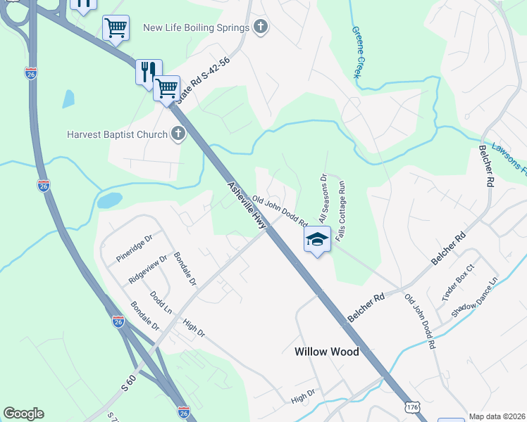 map of restaurants, bars, coffee shops, grocery stores, and more near 140 Old John Dodd Road in Boiling Springs