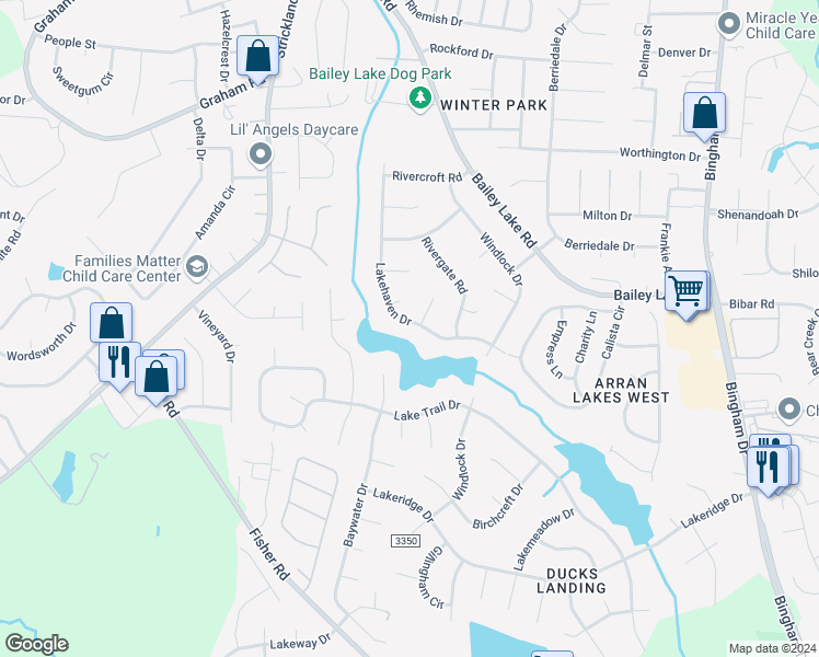 map of restaurants, bars, coffee shops, grocery stores, and more near 6241 Lakehaven Drive in Fayetteville