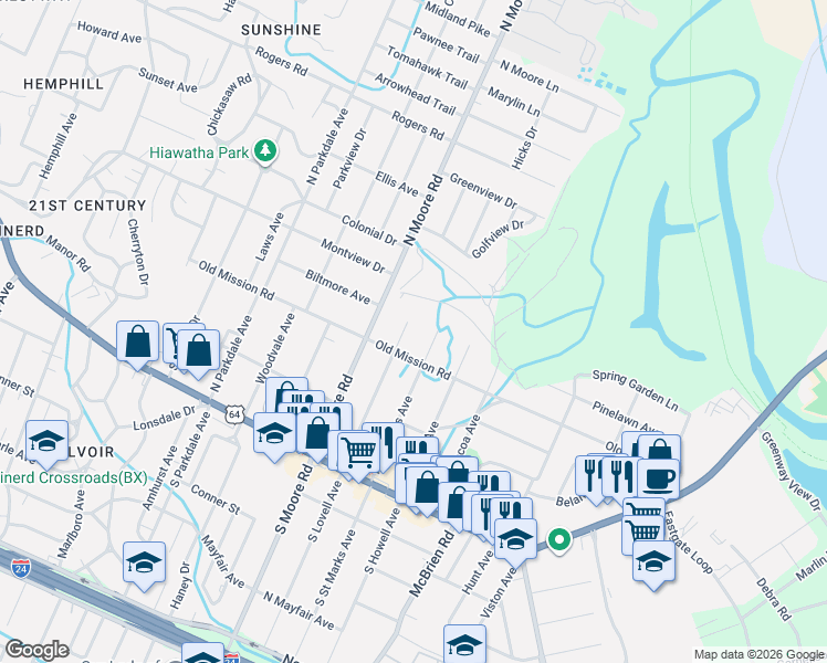 map of restaurants, bars, coffee shops, grocery stores, and more near 210 North Lovell Avenue in Chattanooga