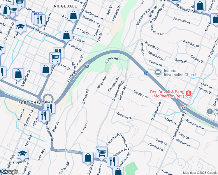 map of restaurants, bars, coffee shops, grocery stores, and more near 12 Laurel Lane in East Ridge