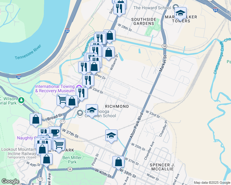 map of restaurants, bars, coffee shops, grocery stores, and more near 3220 Williams Street in Chattanooga