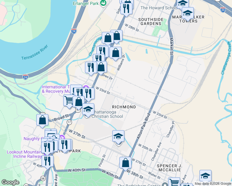 map of restaurants, bars, coffee shops, grocery stores, and more near 3220 Williams Street in Chattanooga