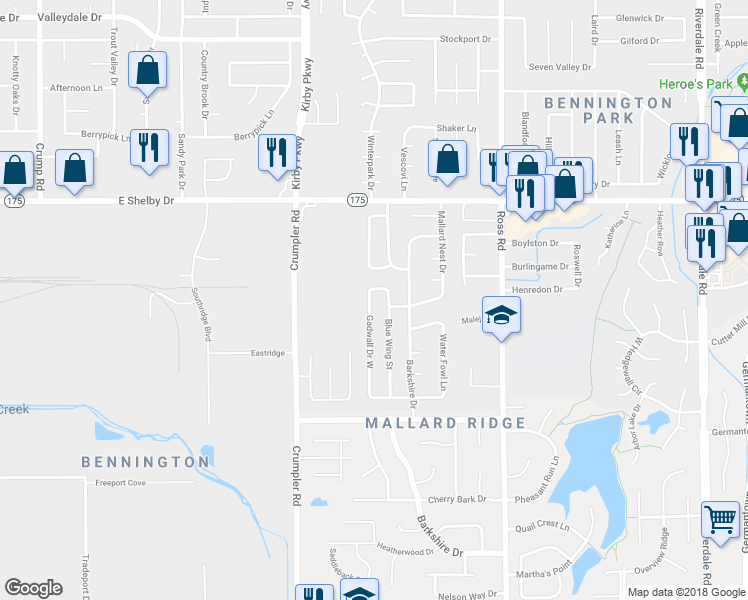 map of restaurants, bars, coffee shops, grocery stores, and more near 4818 Gadwall Drive West in Memphis