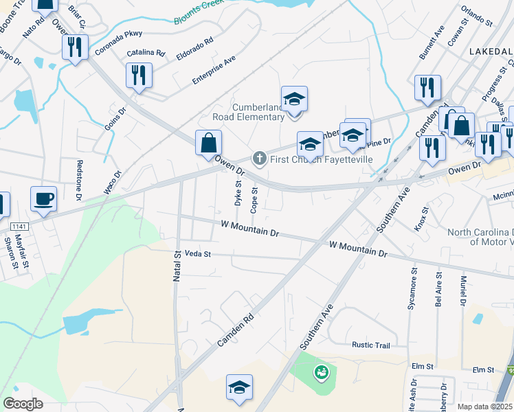 map of restaurants, bars, coffee shops, grocery stores, and more near 3013 Cope Street in Fayetteville