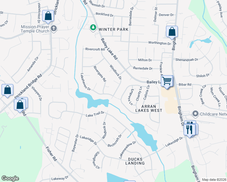 map of restaurants, bars, coffee shops, grocery stores, and more near 5801 Dockridge Court in Fayetteville