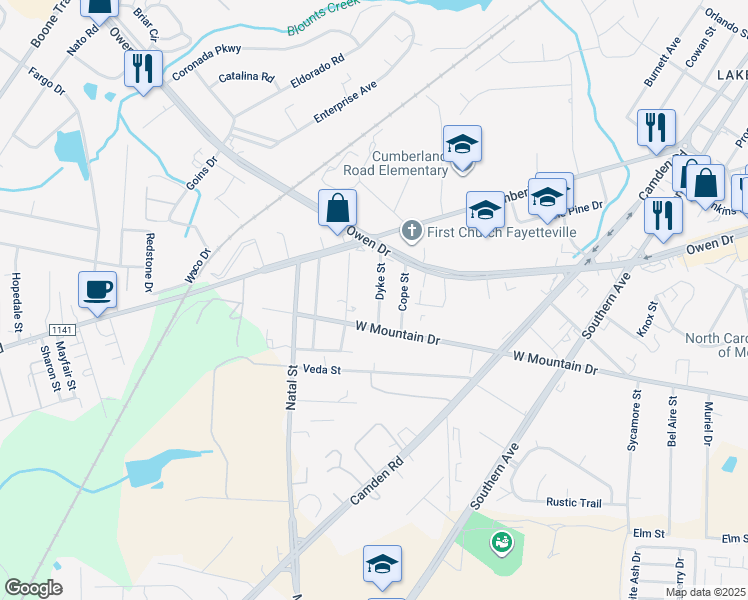 map of restaurants, bars, coffee shops, grocery stores, and more near 3108 Dyke Street in Fayetteville