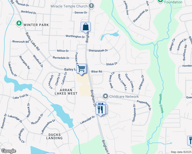 map of restaurants, bars, coffee shops, grocery stores, and more near 1821 Balmoral Drive in Fayetteville
