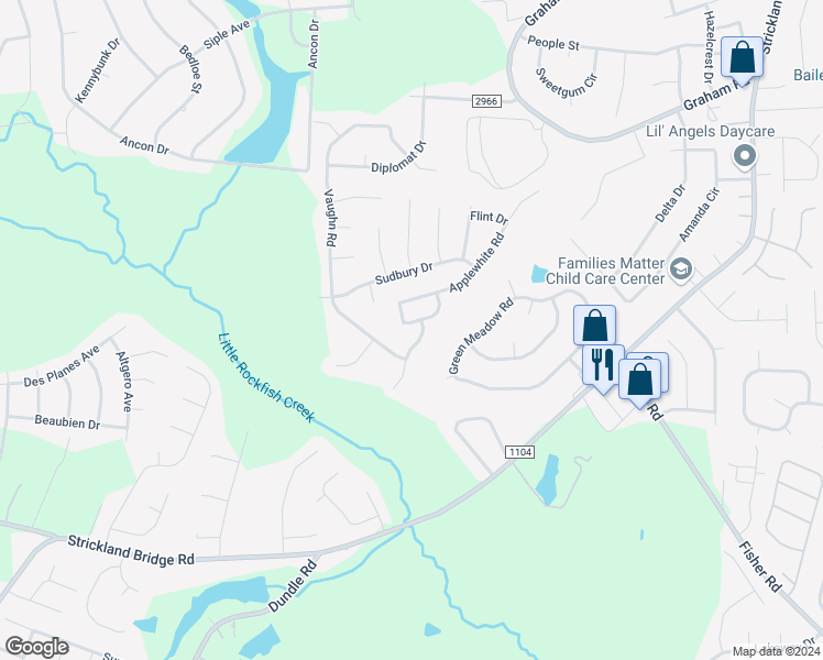 map of restaurants, bars, coffee shops, grocery stores, and more near 6568 Applewhite Road in Fayetteville