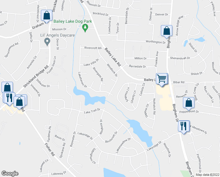 map of restaurants, bars, coffee shops, grocery stores, and more near 1960 Windlock Drive in Fayetteville