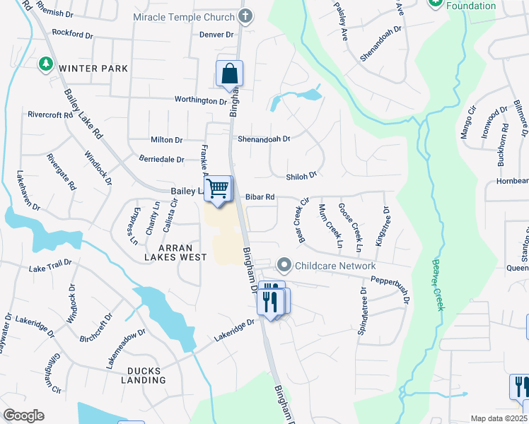 map of restaurants, bars, coffee shops, grocery stores, and more near 1811 Balmoral Drive in Fayetteville