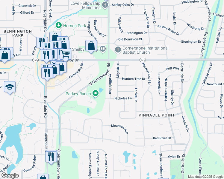 map of restaurants, bars, coffee shops, grocery stores, and more near 4816 Bradfield Run in Memphis