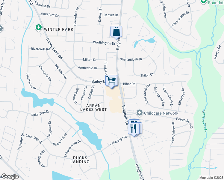 map of restaurants, bars, coffee shops, grocery stores, and more near 1738 Bingham Drive in Fayetteville
